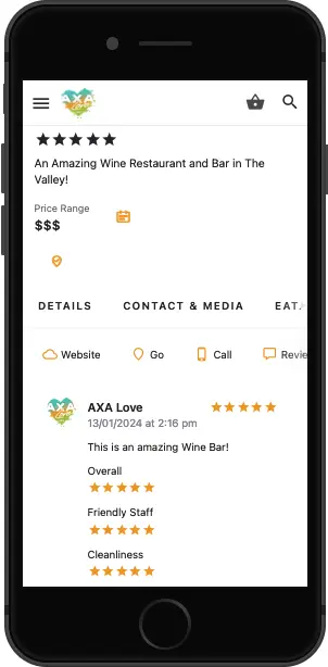 A phone with a review of a restaurant and bar.
