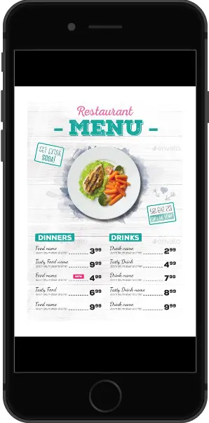 A mobile phone displaying a restaurant menu.