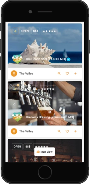 A mobile phone displaying a list of restaurants and bars.